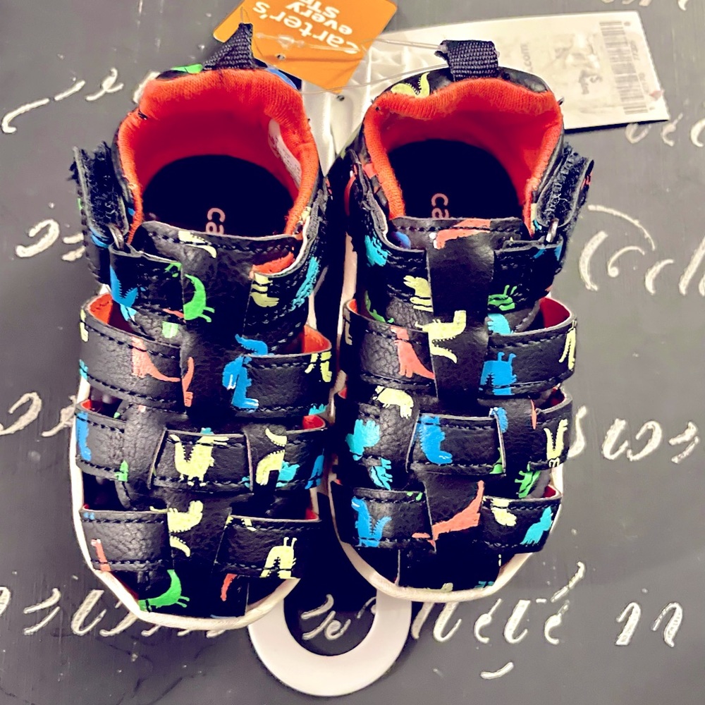 NWT Carter’s Black& Neon Dinosaurs 3-6 Month Baby Sandals